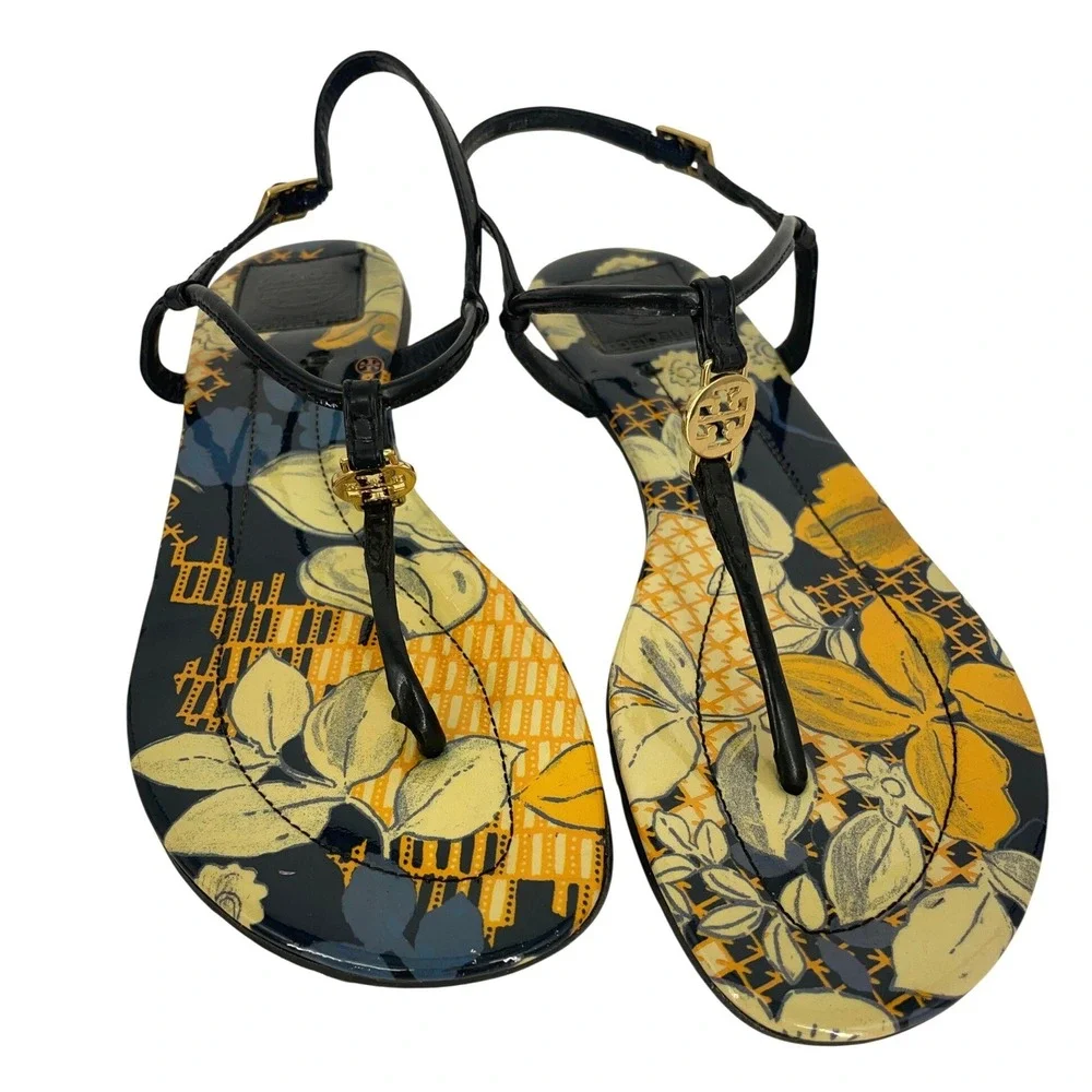 Tory Burch Emmy Floral Patent Leather Thong Sandals Navy Yellow Gold Logo 7.5M
